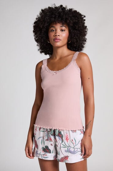 Hunkemöller Pyjamassæt i rib med blonder Lyserød