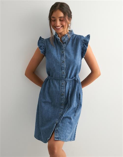 Only - Blå - Onlshania S/L Frill Dnm Dress Akm