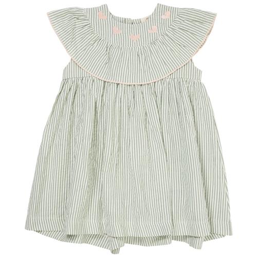 Copenhagen Colors GOTS Hearts Seersucker-kjole Green Cream Rose Stripe | Grønn | 116 cm