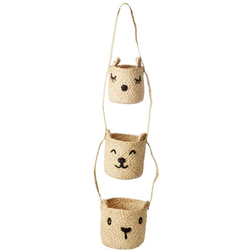 RICE A/S Raffia 3-etagers Hængende Opbevaring Med Dyreansigter Natural One Size    One Size  Unisex