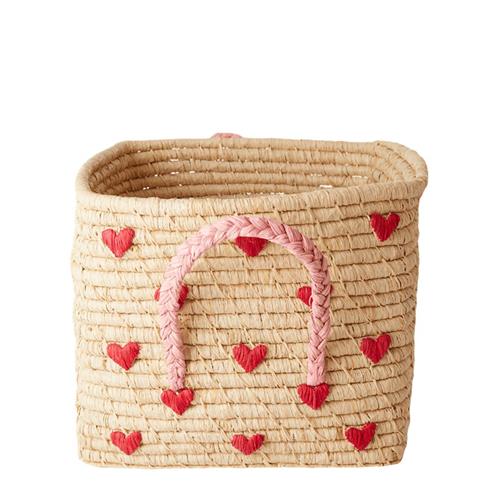 RICE Heart Print Raffia Firkantet Kurv Beige | Rød | 0