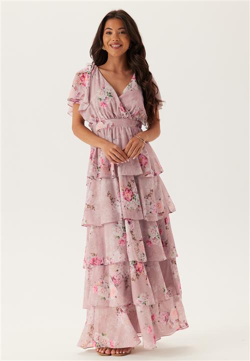 Goddiva Floral Flutter Tiered Maxi Dress