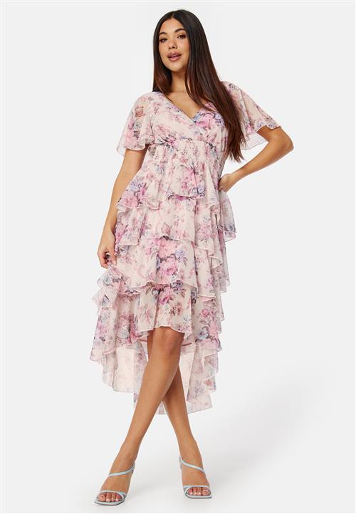Goddiva Floral Flutter Tiered High Low Dress