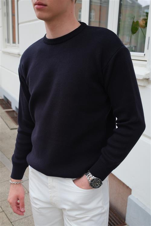 Crewneck Knit Sweater - Mørk Navy - M - TeeShoppen