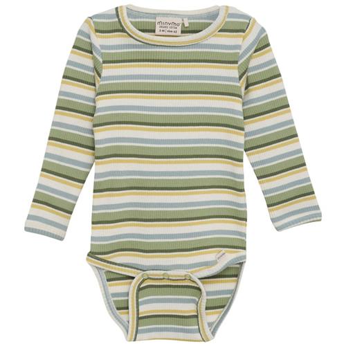 Minymo Stribet Ribbet Babybody Reseda 68 cm  Grøn  68 cm  mand