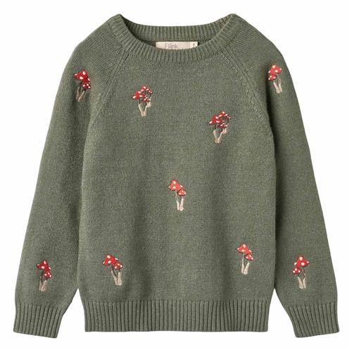 Fliink Benna Mushroom Pattern Strikket Sweater i Beetle Green 3 Y  Grøn  3 år  Unisex