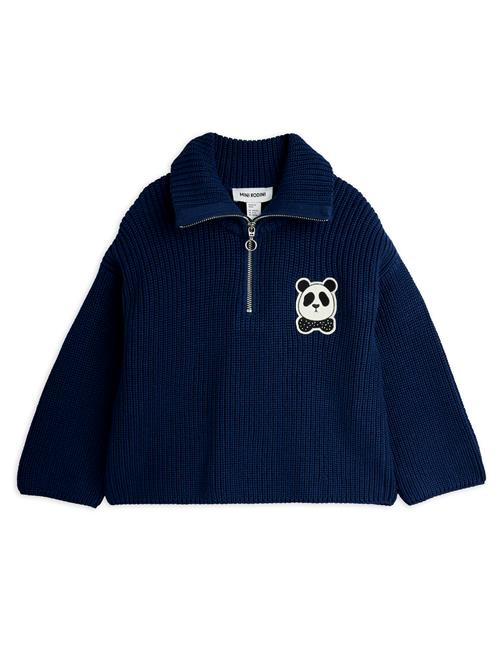 Mini Rodini GOTS Panda Chunky Strik-sweater Med Halv Lynlås  Blue 104/110 cm  Blå  104/110 cm  mand