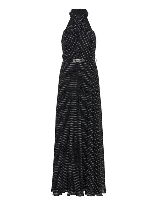 Polka-Dot Belted Georgette Halter Gown Lauren Ralph Lauren Black