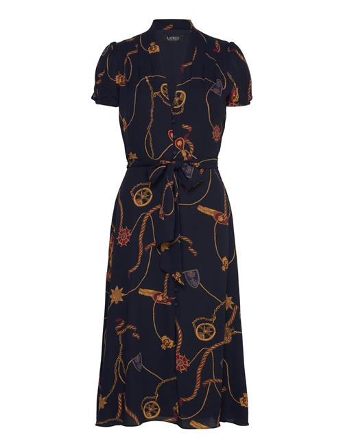 Print Belted Georgette Puff-Sleeve Dress Lauren Ralph Lauren Navy