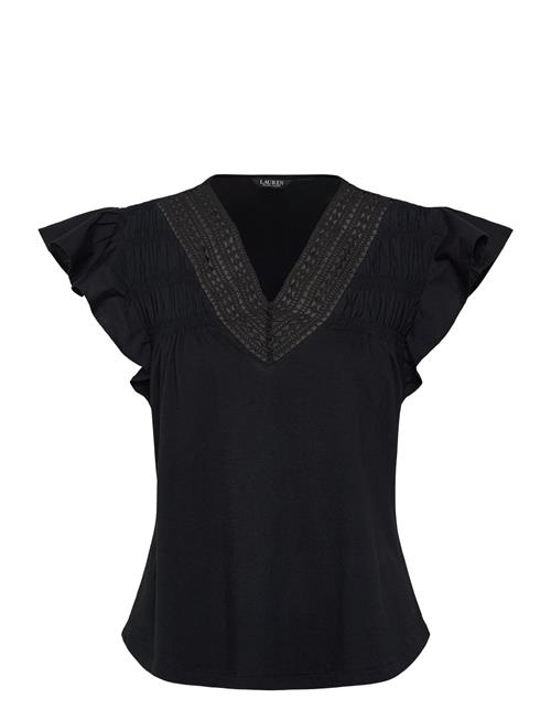 Lace-Trim Jersey Flutter-Sleeve Tee Lauren Ralph Lauren Black
