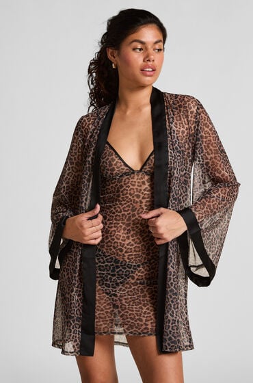 Hunkemöller Kimono i leopardprintet mesh Sort