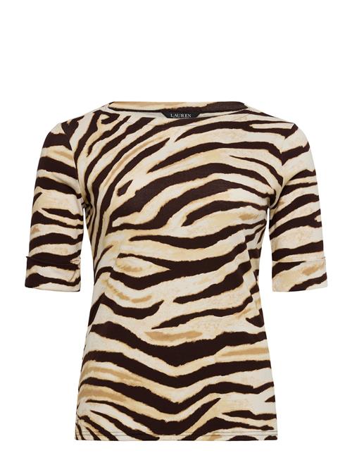 Zebra-Print Stretch Cotton Boatneck Tee Lauren Women Beige