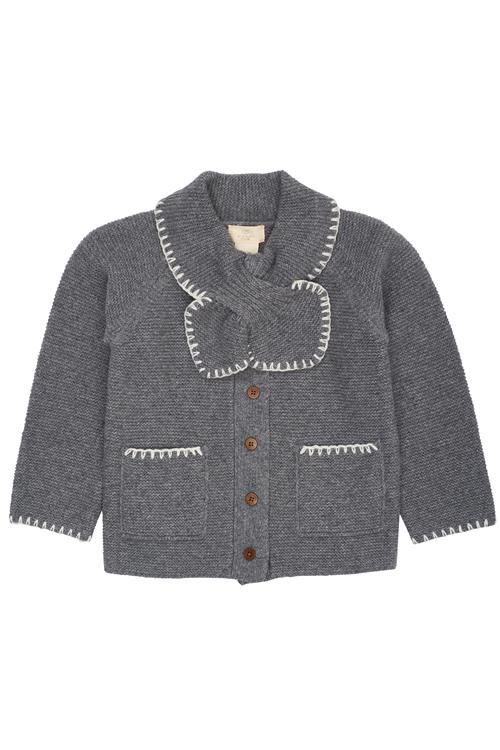 Copenhagen Colors Cardigan I Lammeuld Med Krave Dark Grey Cream  Dark Grey Cream 98 cm Wool Grå  98 cm  kvinde