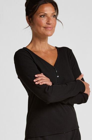Hunkemöller Langærmet pyjamastop Henley sort