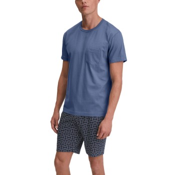 Calida Relax Imprint O Neck Short Pyjama Blå bomuld Large Herre