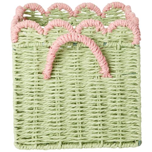 RICE Small Foldbar Kurv Af Papirreb Med Kammuslingekant Green With Soft Pink One Size    One Size  unisex