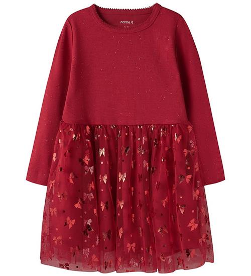 Name It Kjole - Rib/Tyl - NmfRosally - Jester Red m. Print