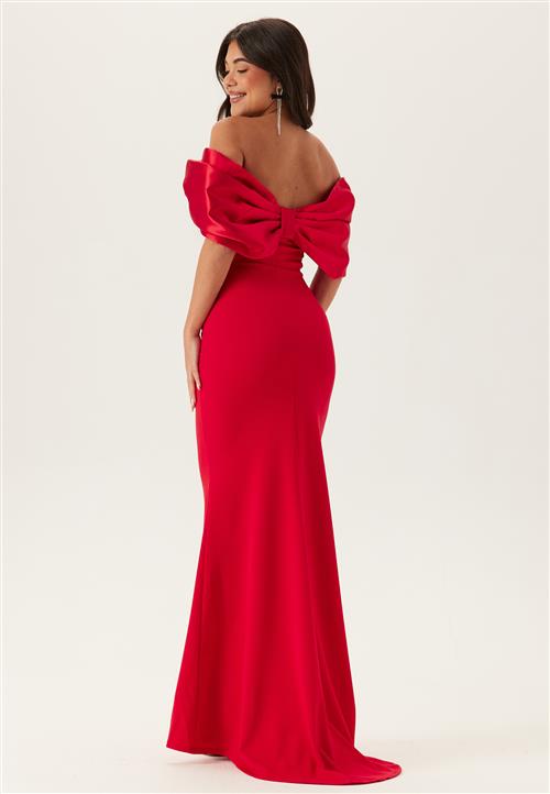 Goddiva Bardot Satin Bow Back Maxi Dress