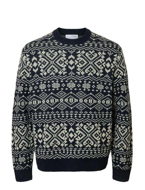 Slhholger Ls Knit Jaquard Crew Neck Selected Navy