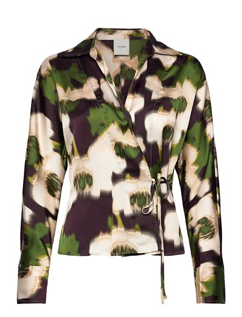 Printed Satin Ls Tie Top Calvin Klein Patterned