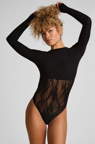 Hunkemöller Floral body med lange ærmer Sort