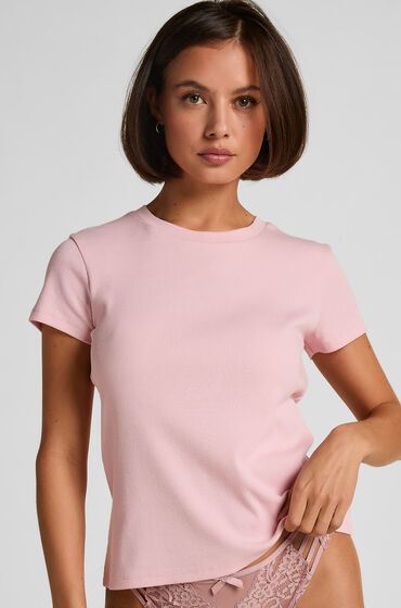 Hunkemöller Crew neck pyjamastop i rib med korte ærmer Lyserød