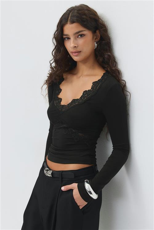 Gina Tricot - V-neck lace detail top - Langærmede toppe - Sort - S - Dame