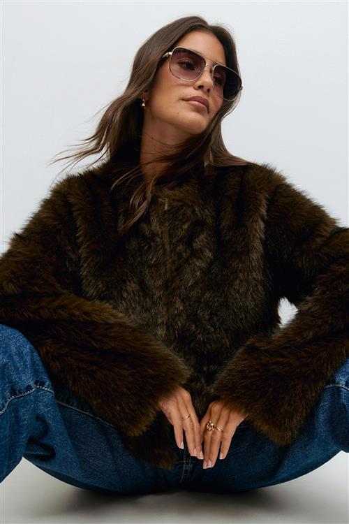 Gina Tricot - Faux fur jacket - faux fur jakker - Brun - L - Dame