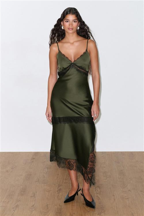 Gina Tricot - Satin lace midi dress - satinkjoler - Grøn - 38 - Dame