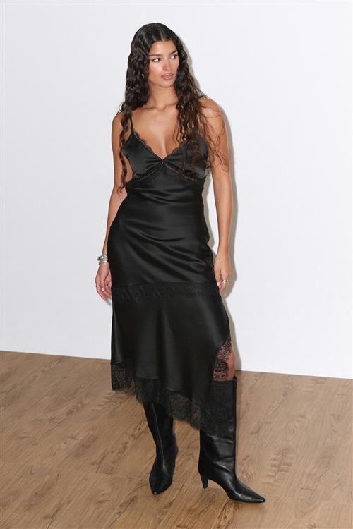 Gina Tricot - Satin lace midi dress - satinkjoler - Sort - 34 - Dame