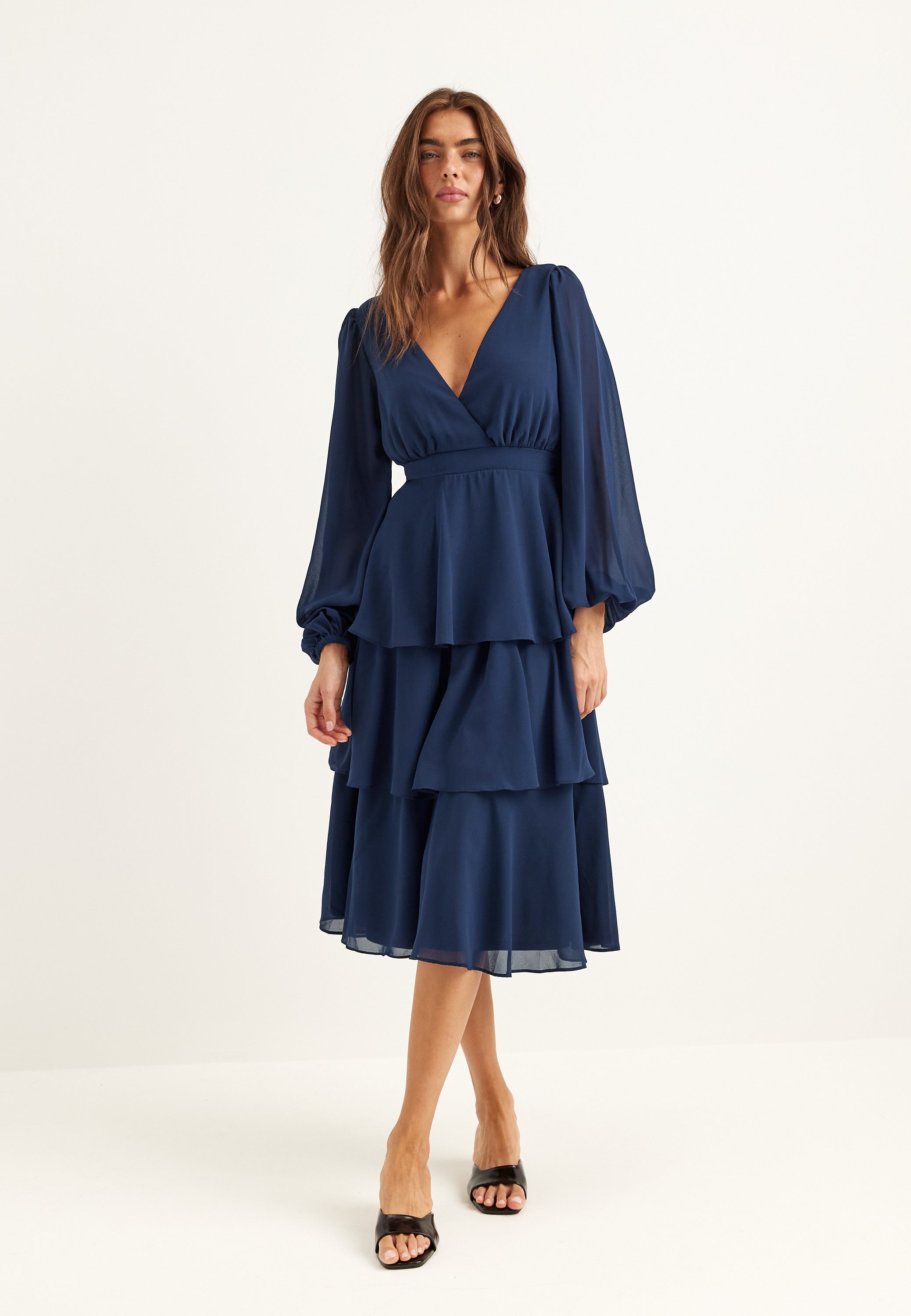 Goddiva Long Sleeve Tiered Midi Dress
