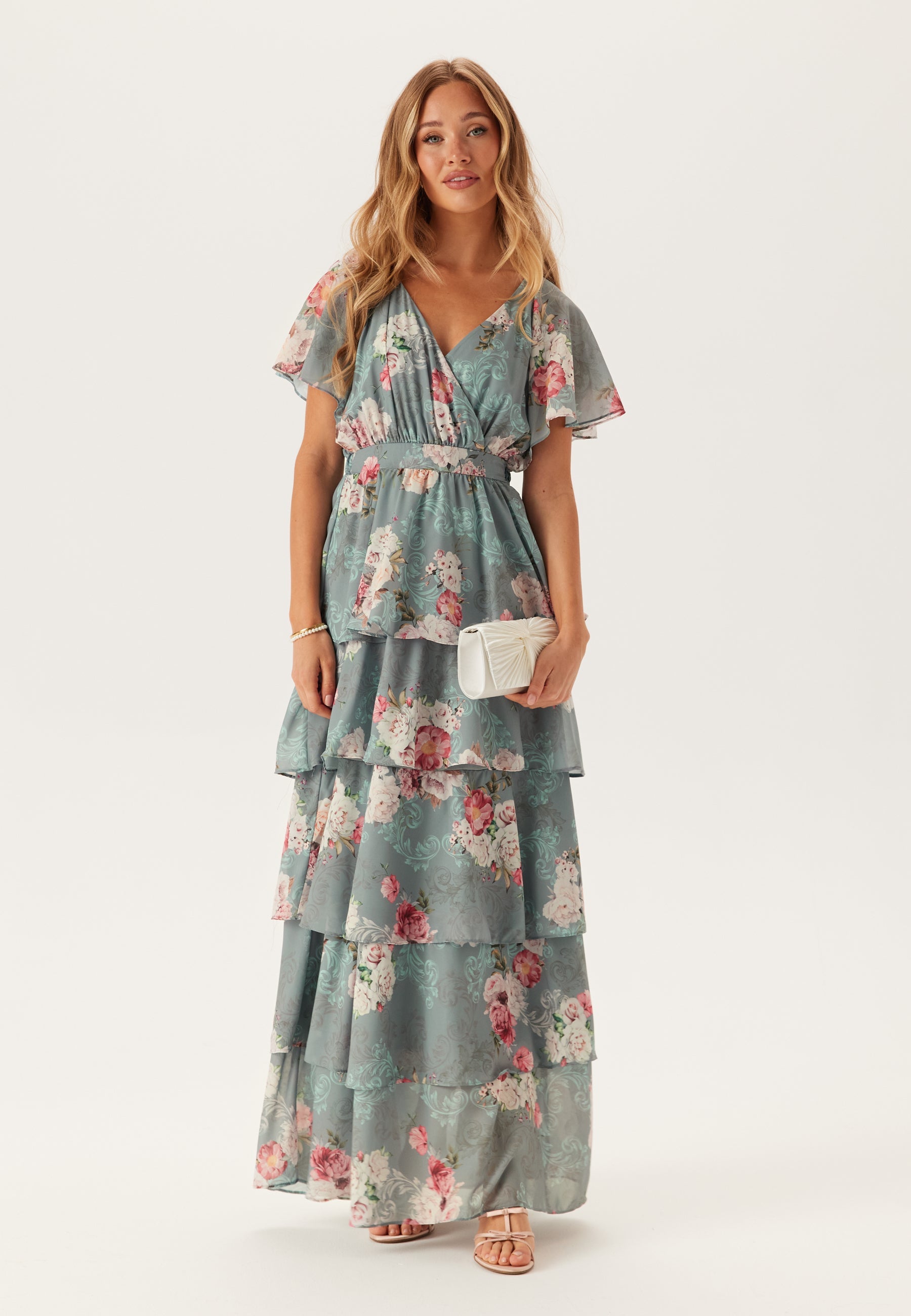 Goddiva Floral Flutter Tiered Maxi Dress