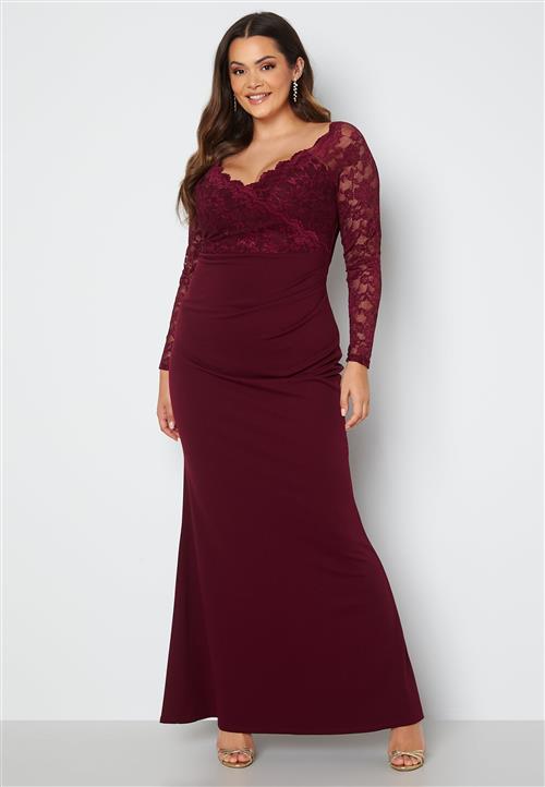 Goddiva Curve Long Sleeve Lace Trim Maxi Dress