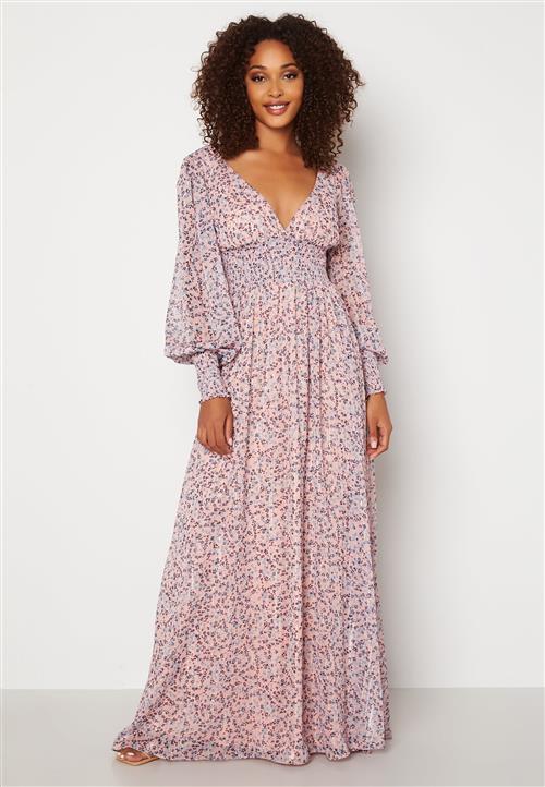 Goddiva Ditsy Long Sleeve Shirred Maxi Dress