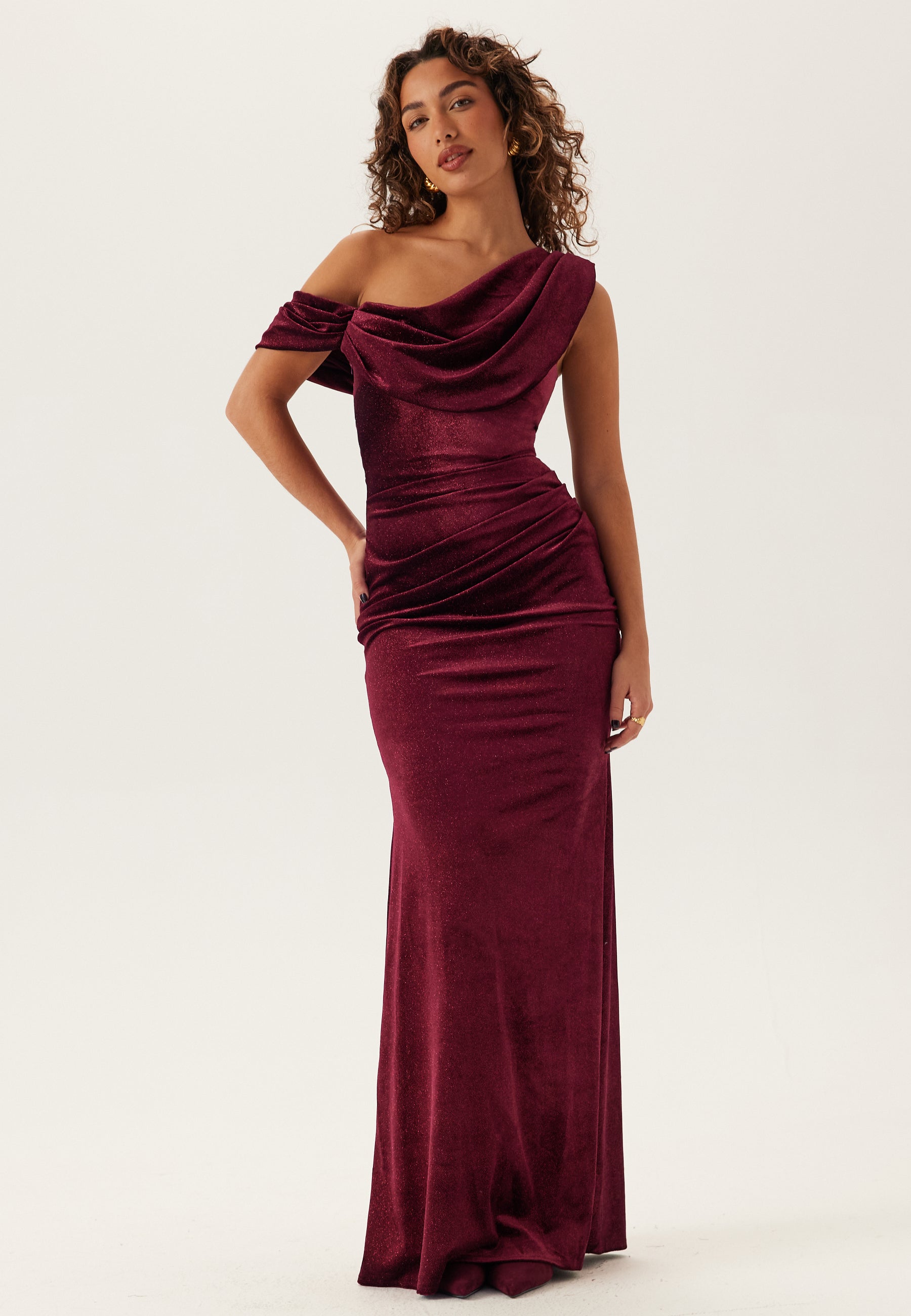 Goddiva Glitter Velvet One Shoulder Maxi Dress