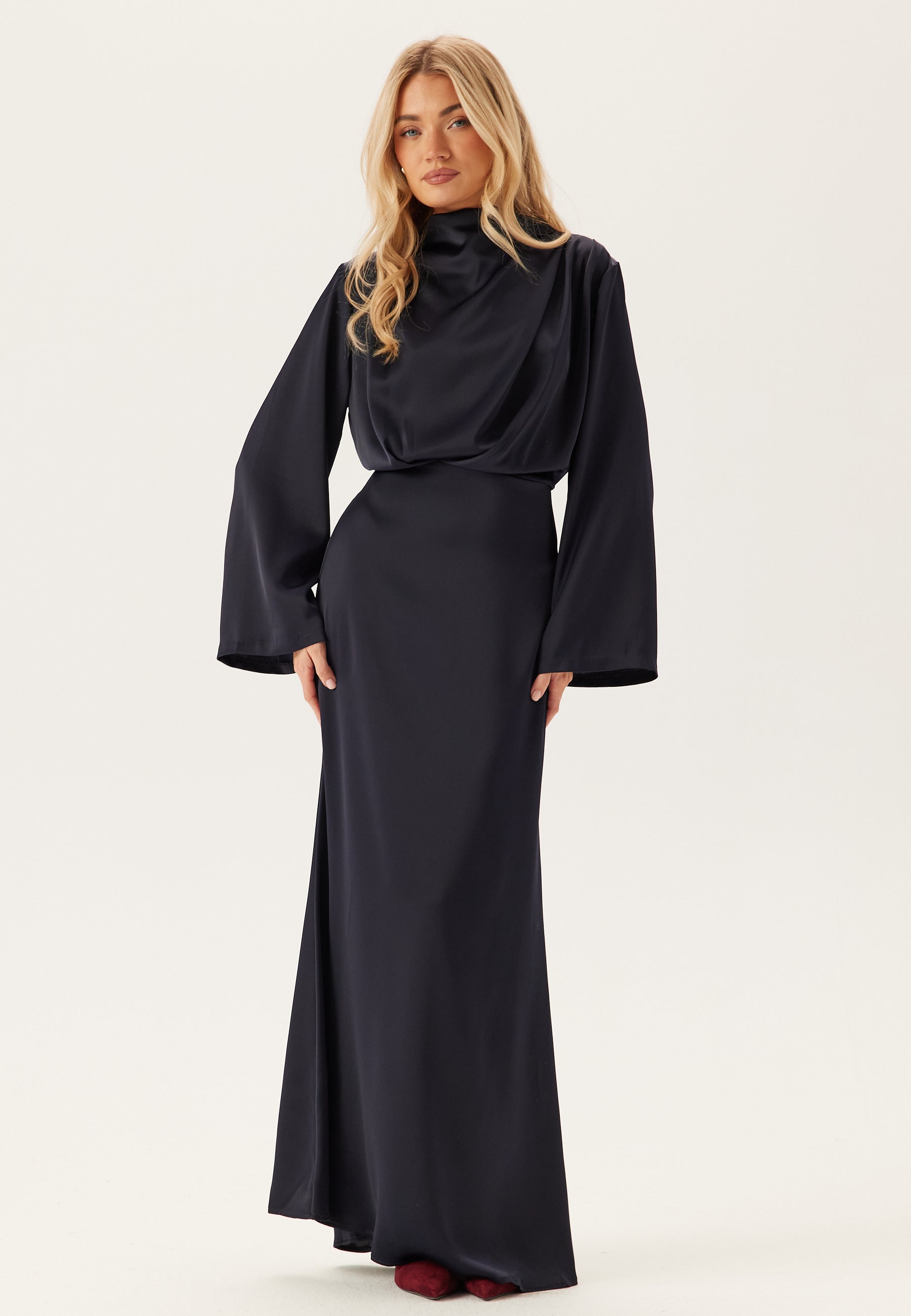 Bubbleroom Occasion High Neck Wide Sleeve Satin Gown