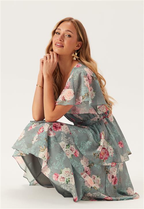 Goddiva Floral Flutter Tiered Midi Dress