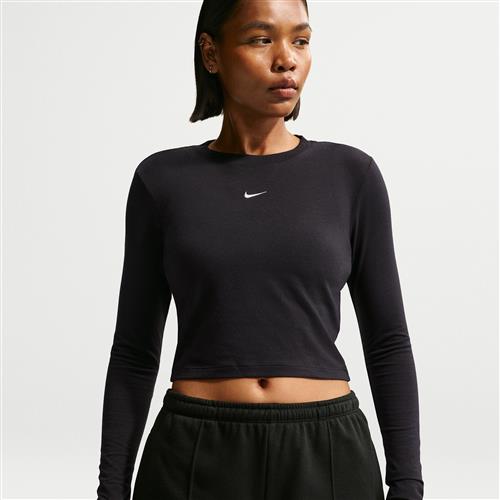 Maskinstrikket Nike Chill-croptop med lange ærmer og slank pasform til kvinder - sort
