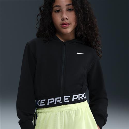 Nike Pro Fleece Dri-FIT-hættetrøje med fuld lynlås til større børn (piger) - sort