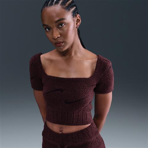 Maskinstrikket Nike Phoenix Cozy Bouclé-overdel med kort snit og korte ærmer til kvinder - rød