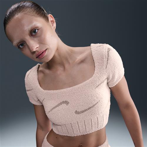 Maskinstrikket Nike Phoenix Cozy Bouclé-overdel med kort snit og korte ærmer til kvinder - Pink