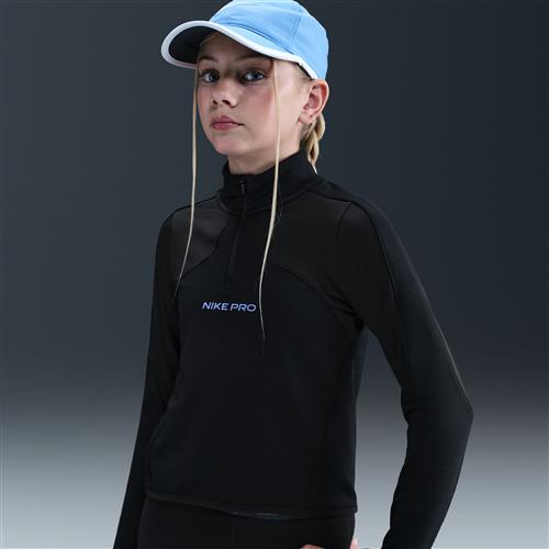 Langærmet Nike Pro Therma-FIT-trøje med 1/2 lynlås til større børn (piger) - sort