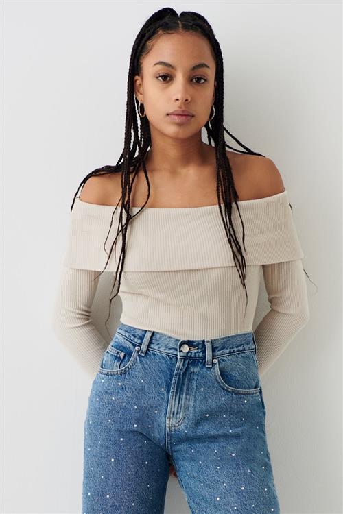 Gina Tricot - Off shoulder rib top - Off shoulder-top - Beige - S - Dame