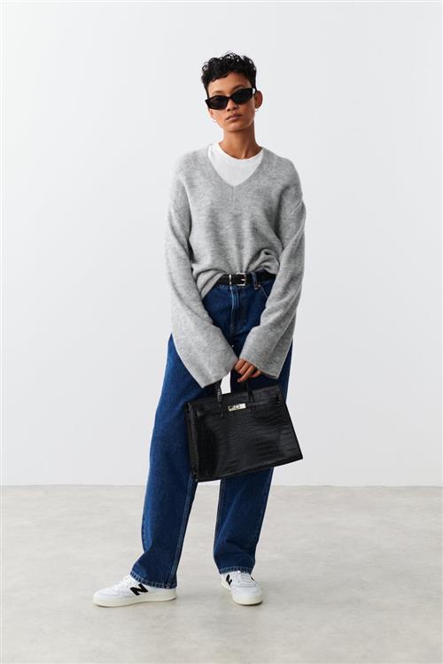 Gina Tricot - V-neck knitted sweater - Striktrøjer - Grå - M - Dame