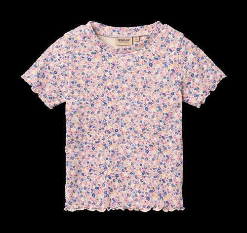 Wheat Rib T-shirt S/S Alicia Pink Blue Flowers Pink Blue Flowers 122 cm  Lyserød  122 cm  kvinde