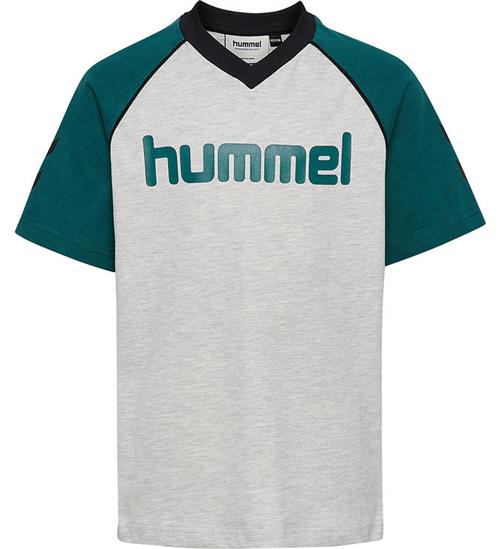 Hummel T-Shirt - hmlJR Reg V-Neck - Grå/Mørkegrøn/Sort