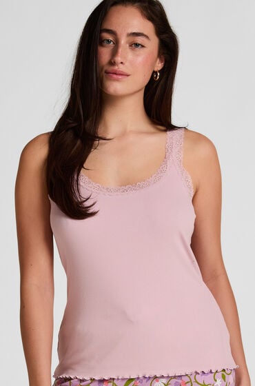 Hunkemöller Ribbet Jersey Singlet med Blonder Lyserød