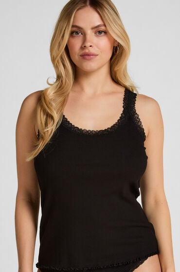 Hunkemöller Ribbet Jersey Singlet med Blonder Sort