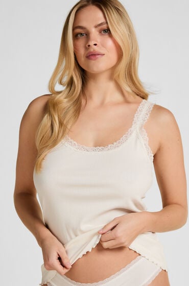 Hunkemöller Ribbet Jersey Singlet med Blonder Hvid