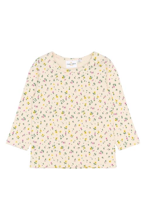 The New Siblings Selma Langærmet Rib Tee Gardenia Aop  Gardenia AOP-104 cm  Creme  104 cm  kvinde